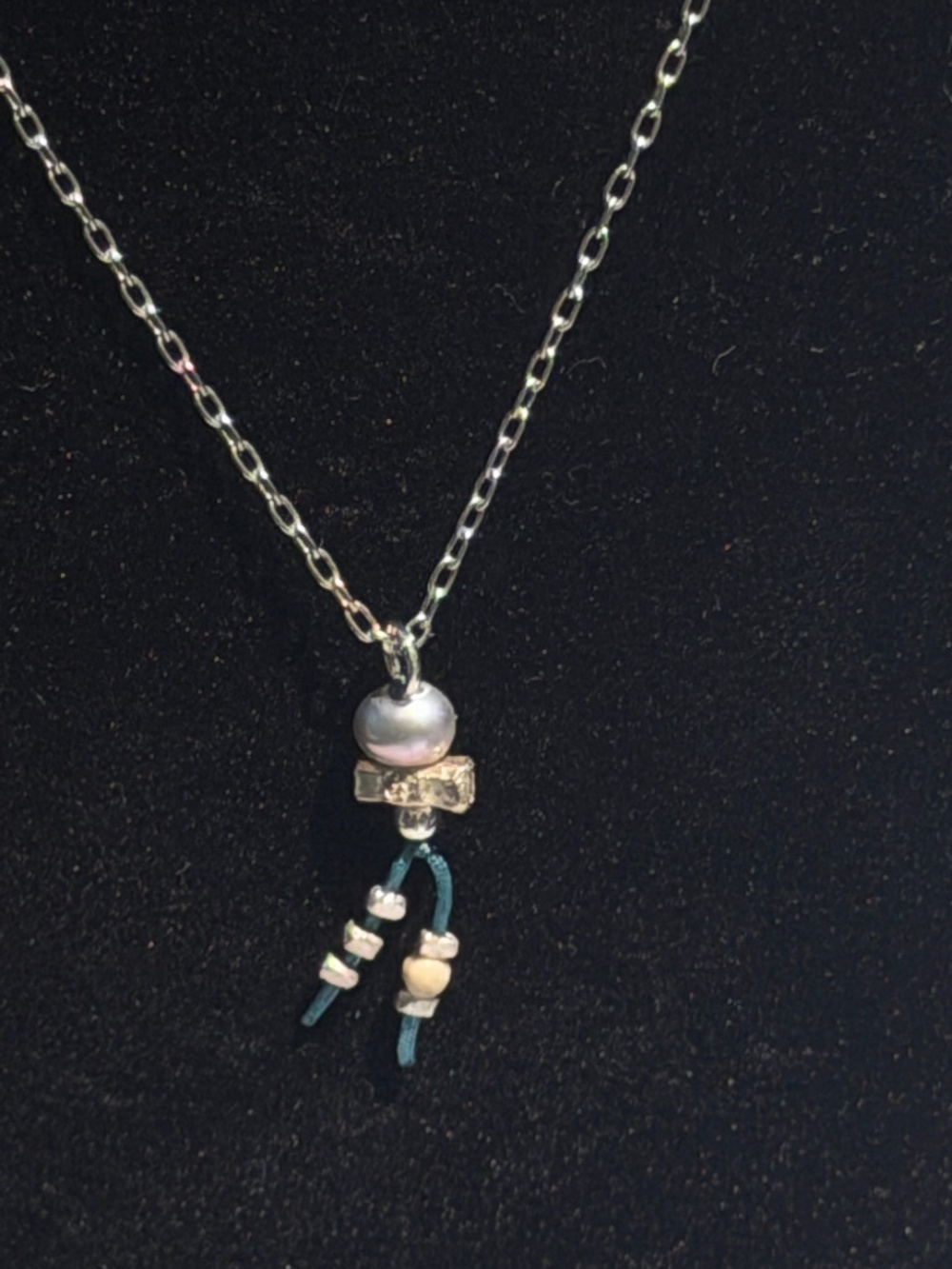 Authentic CHAN LUU Boho Mixed Media Pendant Necklace • Teal Cord & Pearl Tassel